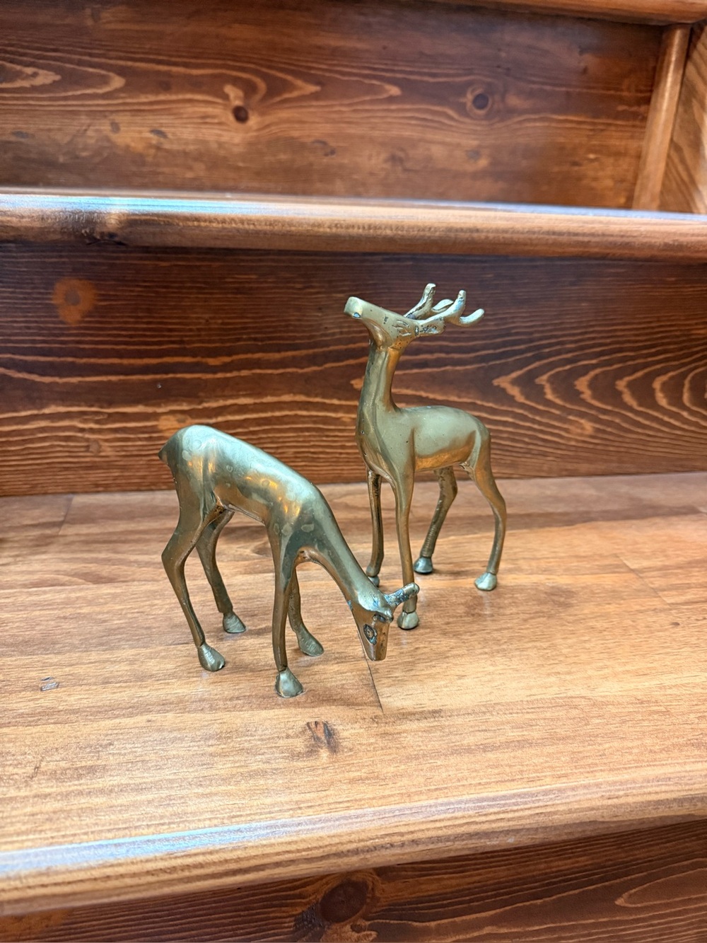 Vintage Solid Brass Deer Figurines – Pair – Buck & Grazing Deer – Mid Century De
